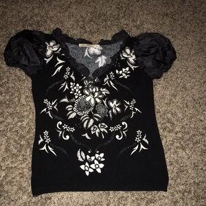 BLUMARINE REAL SILK SWEATER KNIT PUFF SLEEVE TOP RUFFLE V NECK EUC SIZE …